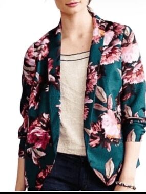 Cartonnier by anthropology Floral Open-Front Blazer Jacket Teal Pink